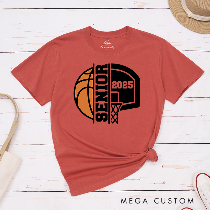 Personalized Basketball Graduation T-Shirt Design Featuring Custom Graduation Year Bold Vertical Text Dynamic Basketball and Hoop Graphics in a Classic School Spirit Style