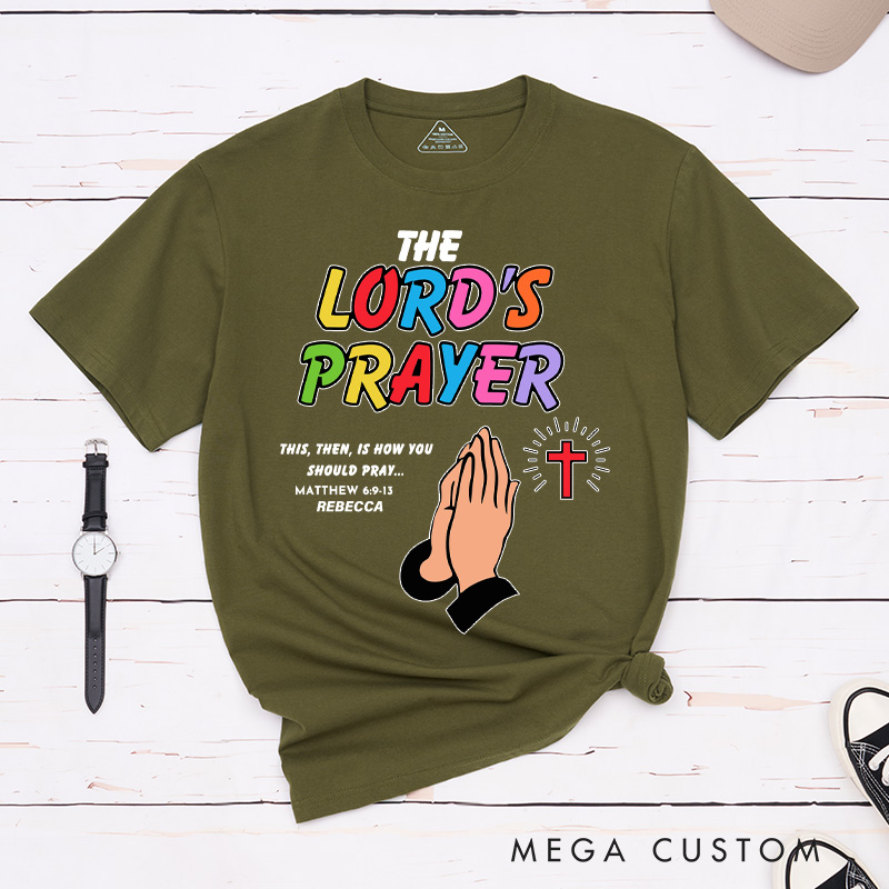 Personalized the Lord’s Prayer Cotton T-Shirt with Name Christian Matthew 6:9-13 Classic T-Shirt Praying Hands Shirt Bible Verse Tee Christian Gift