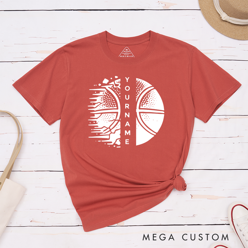 Personalized Basketball T-Shirt Design Featuring Custom Name Split Basketball Graphic with Dynamic Halftone and Shattered Effects