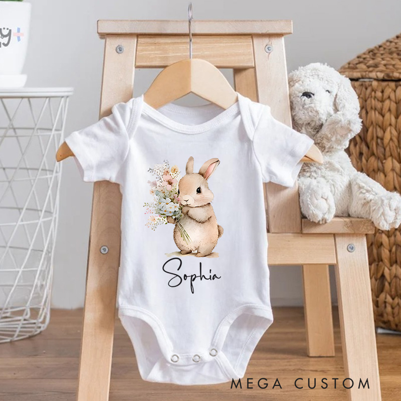 Personalized Easter Cute Bunny With Flower Baby Name Baby Onesie Gift for Newborn Easter Gifts 