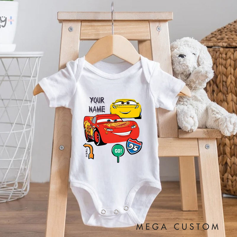 Personalized Cars Themed Design with Lightning McQueen and Cruz Ramirez Baby Onesie