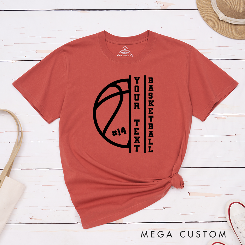 Personalized Basketball T-Shirt Design Featuring Custom Text Player Number and Bold Vertical Layout with Basketball Graphic