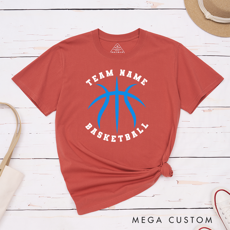 Personalized Basketball Team T-Shirt Design Featuring Custom Team Name Bold Orange Basketball Graphic and Arched Text Layout
