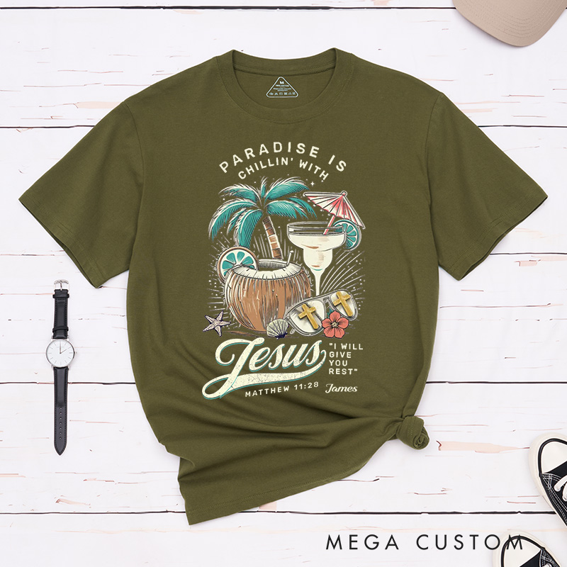 Personalized Paradise Is Chillin with Jesus Classic Cotton T-Shirt with Palm Trees and Coconuts Spiritual Shirt Gift for Women and Men Holy Gift 
