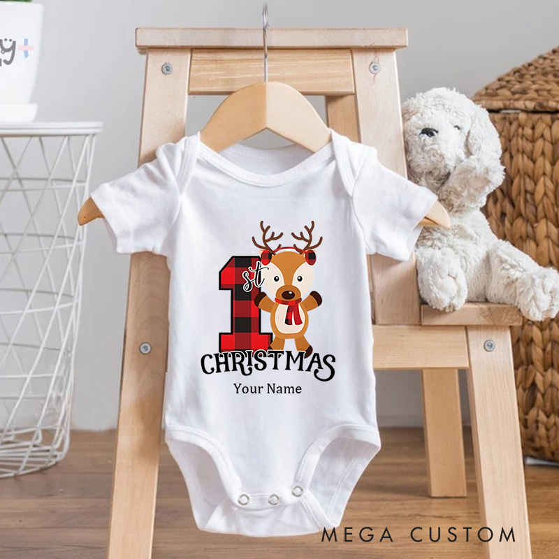 Personalized Baby's 1st Christmas Adorable Reindeer and Plaid Baby Onesie