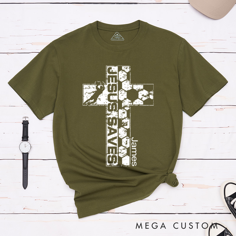 Personalized Jesus Saves Christian Cross Soccer Goalie Goalkeeper Classic T-Shirt Vintage Distressed Style Easter Birthday Gift for Men