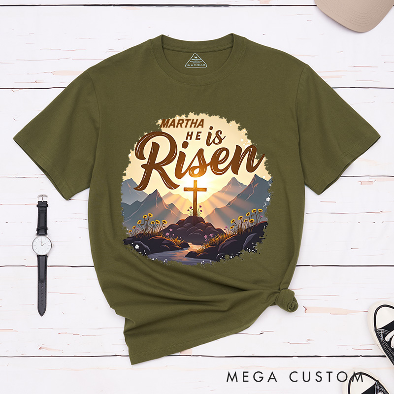 Personalized He is Risen Glory Classic T-Shirt with Name Radiant Resurrection Cross in Mountain Christian Cotton T-Shirt Christian Gift Easter Gift 