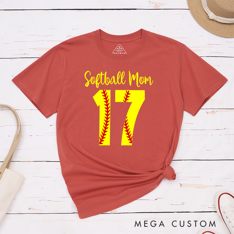 Personalized Softball Mom T-Shirt Design Featuring Customizable Player Number with Red Stitch Softball Pattern and Stylish Yellow Script Text