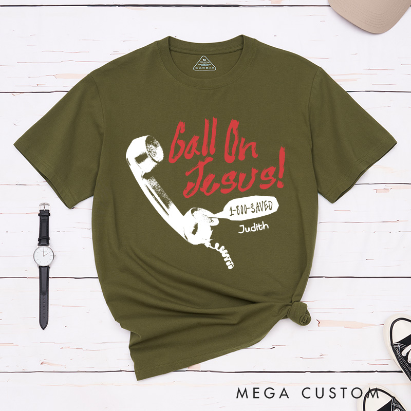 Personalized Call on Jesus Classic T-Shirt with Name Christian Cotton T-Shirt Retro Telephone Shirt Jesus Tee Religious Christian Gift for Jesus Lover