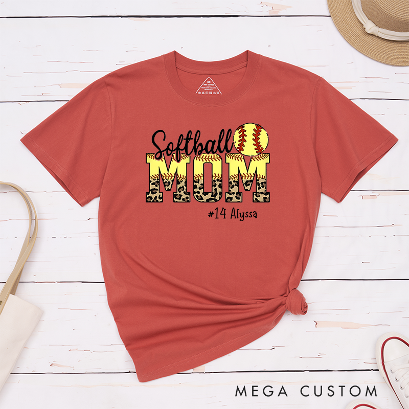 Personalized Softball Mom T-Shirt Design Featuring Leopard Print Bold Text Softball Graphic and Custom Player Name and Number