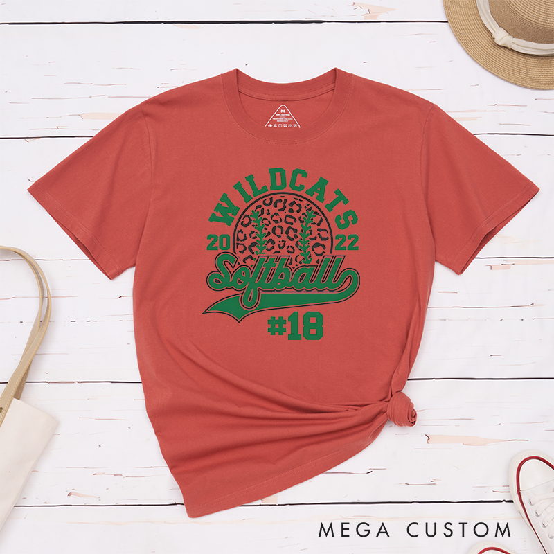 Personalized Customizable Softball Team T-Shirt Design Featuring Bold Arched Team Name Leopard Print Softball Graphic Stylized Script Text for Softball and Custom Player Number