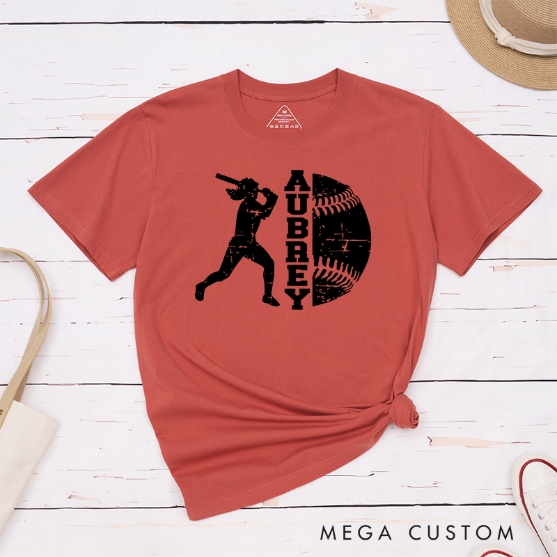 Personalized Softball Player T-Shirt Design Featuring Batter Silhouette Distressed Softball Graphic and Customizable Name Text