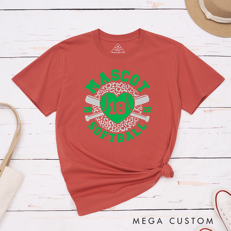 Personalized Softball Team T-Shirt Design Featuring Customizable Team Name Leopard Print Heart-Shaped Softball Graphic Crossed Bats and Player Number