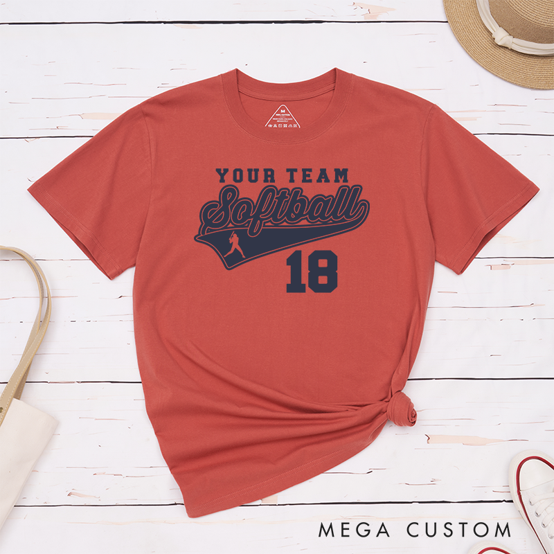 Personalized Softball Team T-Shirt Design Featuring Customizable Team Name Bold Script Softball Text Dynamic Swoosh Element Player Silhouette and Custom Number