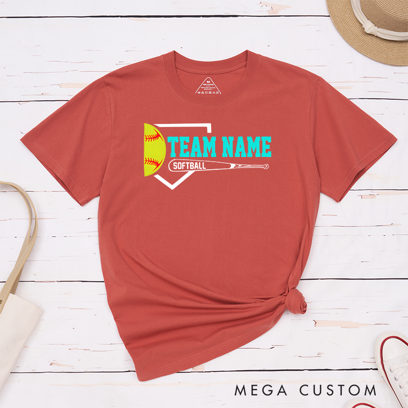 Personalized Softball Team T-Shirt Design Featuring Customizable Team Name Bold Home Plate Graphic Yellow Softball and Bat Element