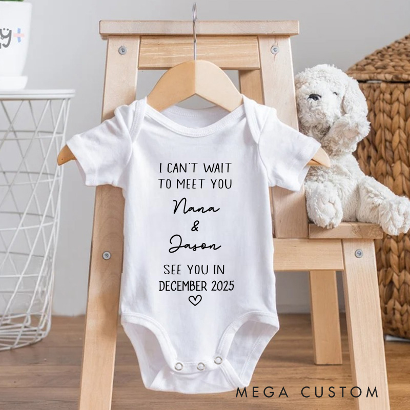 Personalized I Can't Wait To Meet You Baby Onesie Announcement Reveal Gift