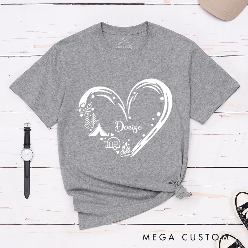 Personalized Heart of Camping T-Shirt Happy Camper Shirt Gift for Hiking Outdoors Adventure Lover 