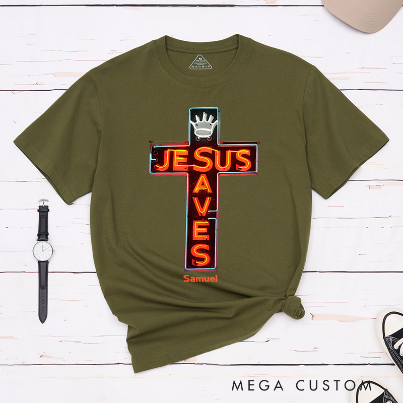 Personalized Jesus Saves Classic Cotton T-Shirt with Name Modern Neon Lights Style Cross Shirt Religious Gift for Christians