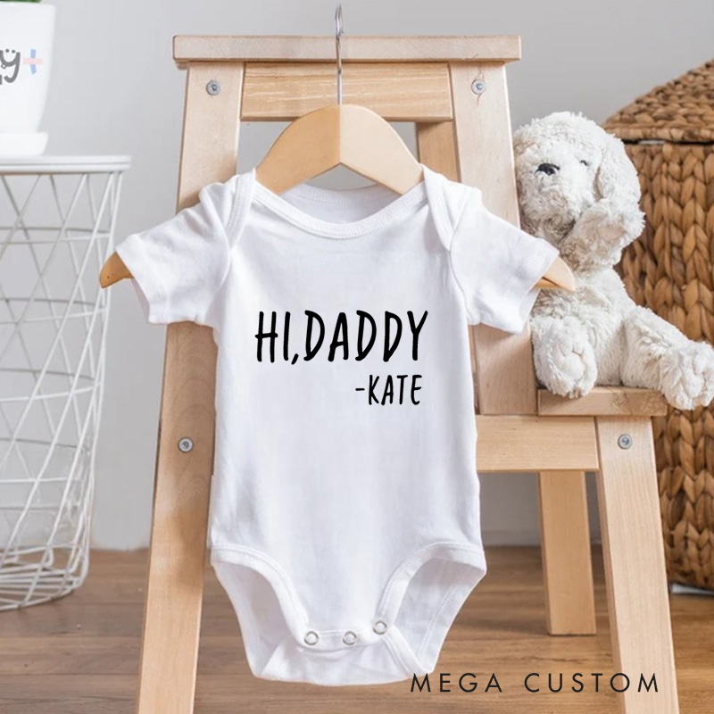 Personalized Hi Daddy Mommy Grandma Etc Baby Onesie Tell Your Family You're Pregnant Pregnancy Reveal Baby Onesie Gift