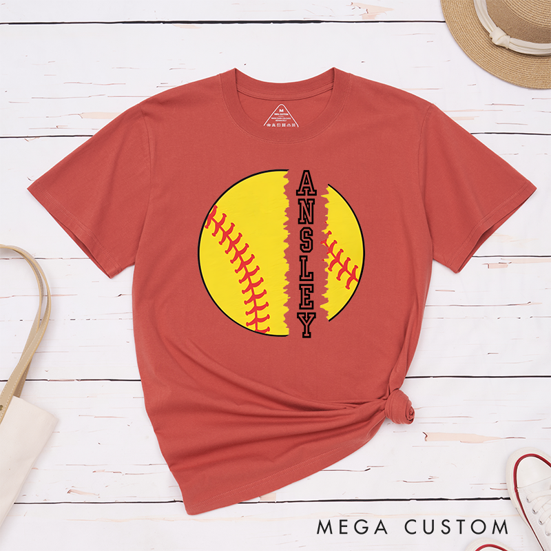 Personalized Softball T-Shirt Design Featuring Torn Softball Graphic and Customizable Vertical Name Text for a Bold and Unique Look