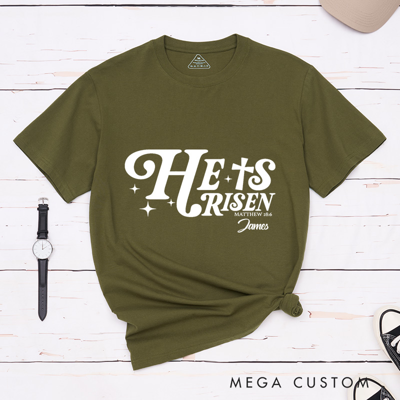 Personalized He Is Risen Classic Cotton T-Shirt with Name Matthew 28:6 Bible Verse Shirt Religious Gift for Christians Easter Gift