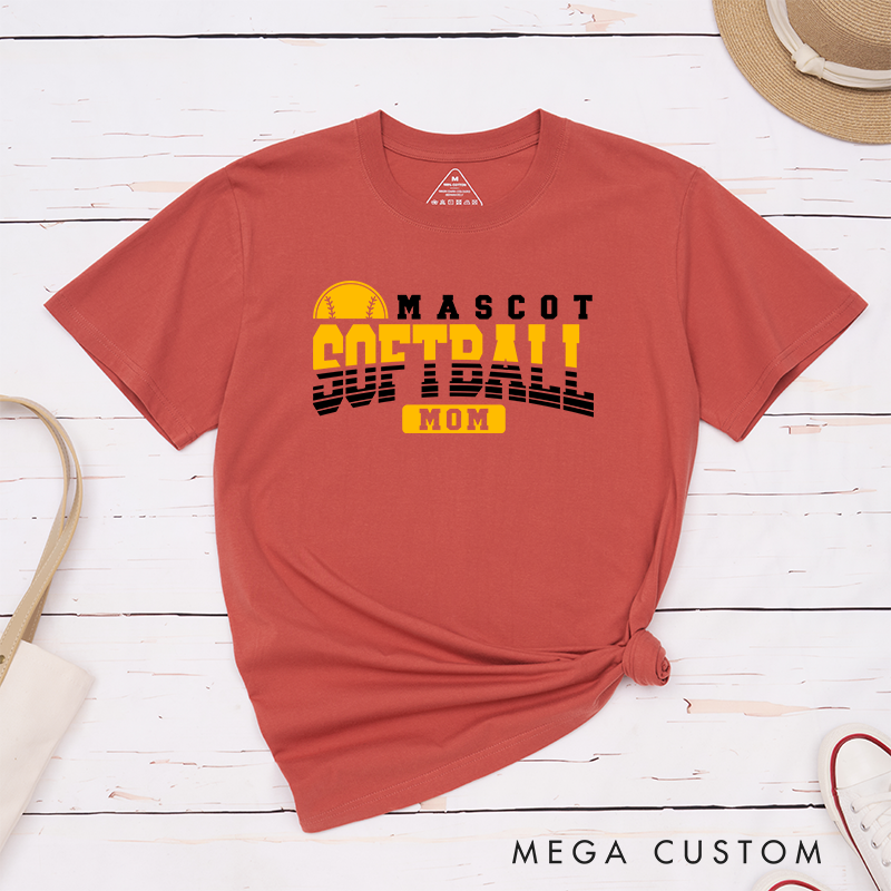 Personalized Softball Mom T-Shirt Design Featuring Custom Team Name Bold Gradient Typography Central Softball Graphic and Highlighted "Mom" Element