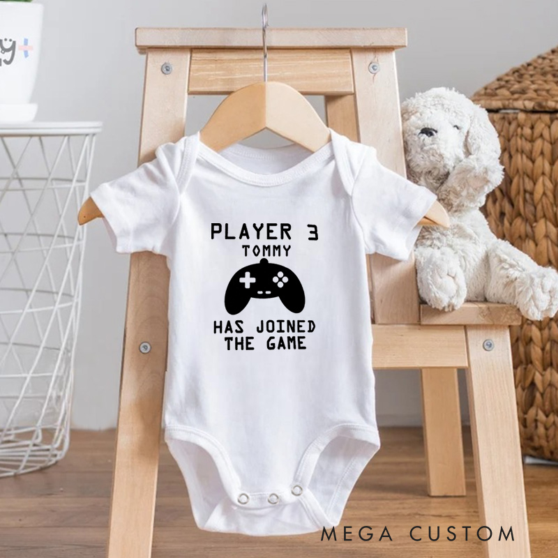 Personalized Player 3 Has Joined the Game Fun Gaming for Growing Families Baby Onesie