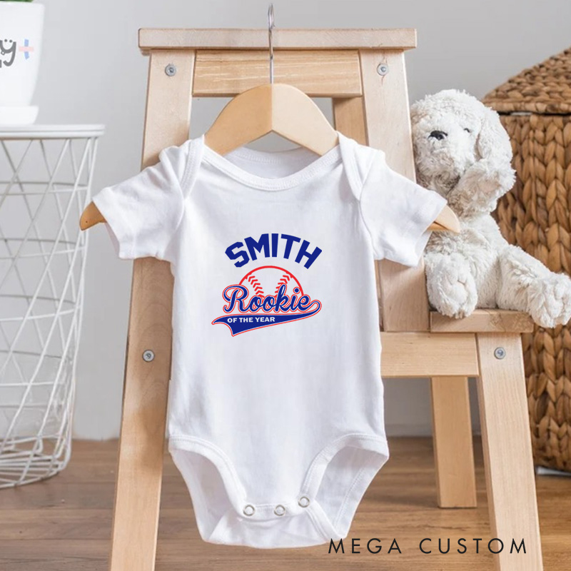 Personalized Rookie of the Year Fun Baseball Themed Design for Newcomers Baby Onesie