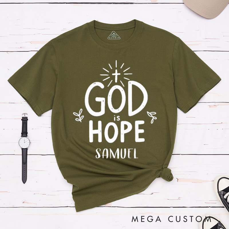 Personalized God Is Hope Classic T-Shirt with Name Small Leaf Christian Shirt Faith Based Shirt Gift for Christians