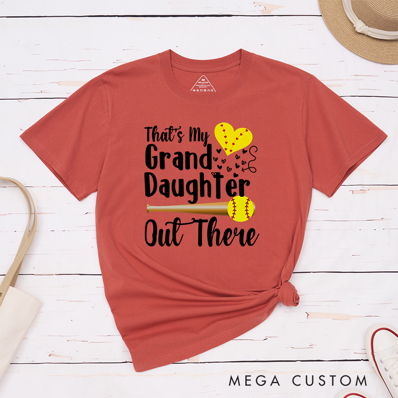 Personalized Softball Support T-Shirt Design Featuring Customizable Text for Granddaughter or Other Titles Bold Typography Heart-Shaped Stitching Graphic Softball Bat and Ball Elements