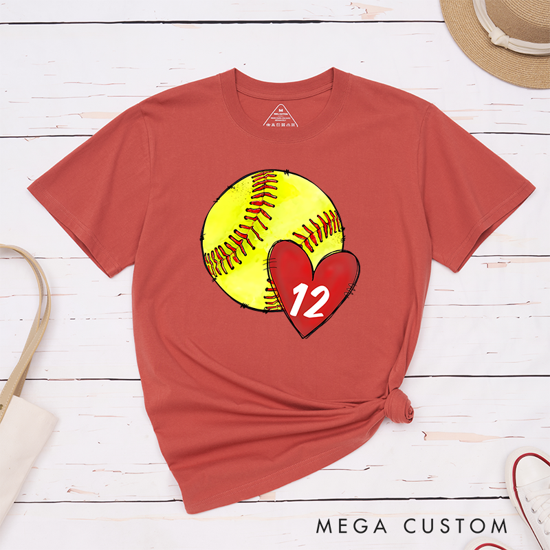 Personalized Softball T-Shirt Design Featuring Hand-Drawn Softball Graphic Heart Element and Customizable Player Jersey Number for a Unique Supportive Look