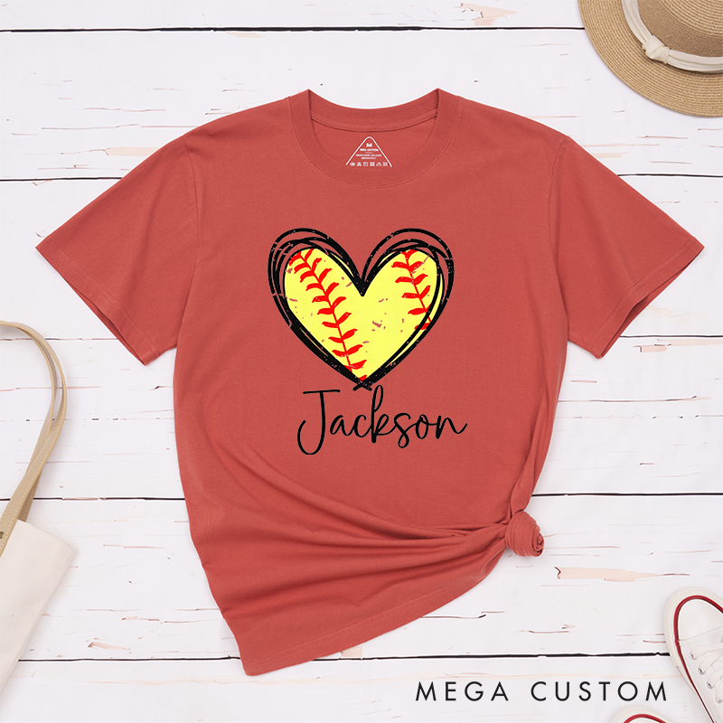 Personalized Softball Heart T-Shirt Design Featuring Custom Name and Vibrant Softball Stitching Graphic