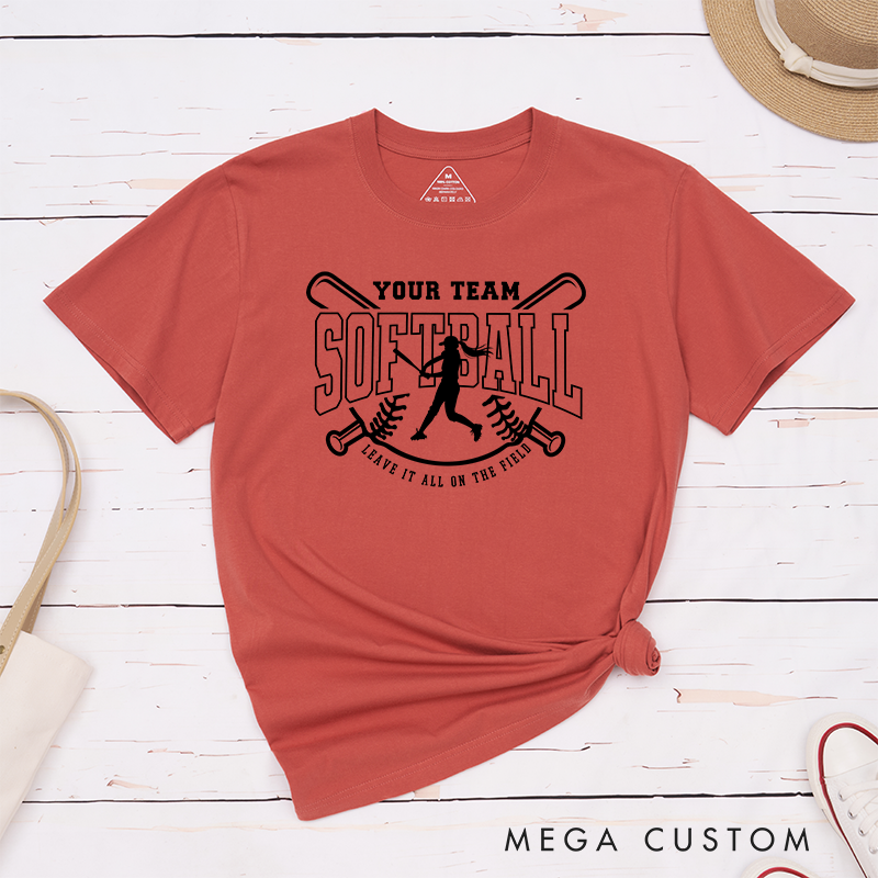 Softball Team T-Shirt Featuring Customizable Team Name Player Silhouette and Motivational Slogan Design