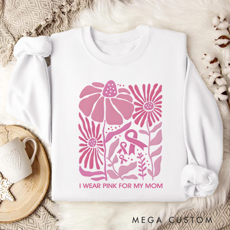 Personalized I Wear Pink for Breast Cancer Sweatshirt Boho Floral Pink Ribbon Sweatshirt