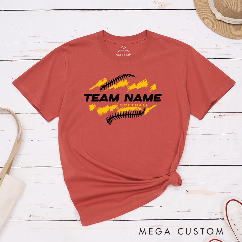 Personalized Softball Team T-Shirt Design Featuring Customizable Team Name Bold Text Dynamic Brushstroke Elements and Softball Stitch Graphics