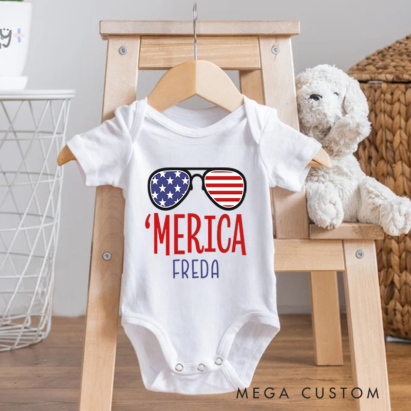 Personalized Merica Glasses Fourth of July Baby Onesie Newborn Baby Gift
