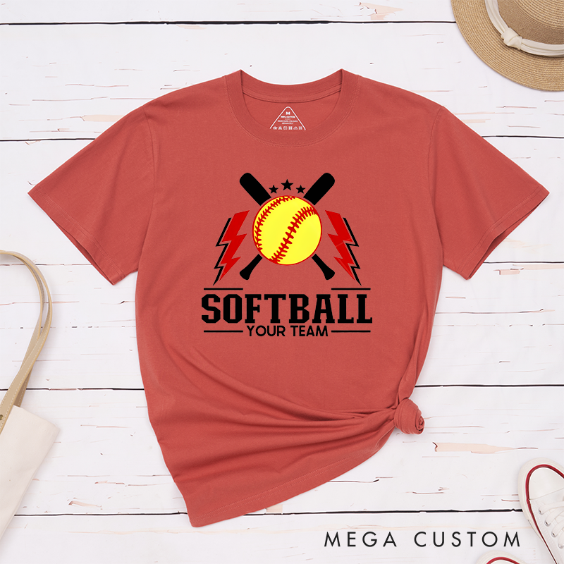 Personalized Softball Team T-Shirt Design Featuring Customizable Team Name Bold Softball Graphics Crossed Bats and Striking Lightning Elements