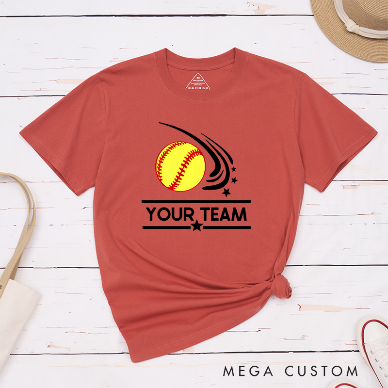 Personalized Softball Team T-Shirt Design Featuring Customizable Team Name Dynamic Softball Motion Graphic and Star Accents