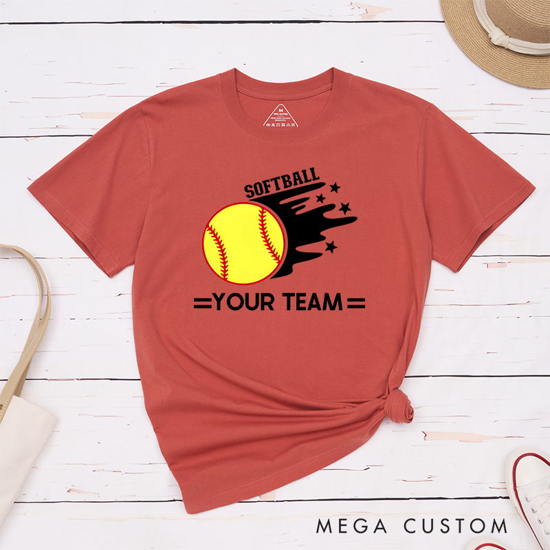 Personalized Softball Team T-Shirt Design Featuring Customizable Team Name Bold Motion Trail Graphic with Stars and Striking Softball Element