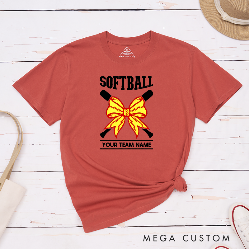 Personalized Softball Team T-Shirt Design Featuring Customizable Team Name Striking Softball Bow Graphic and Crossed Bats