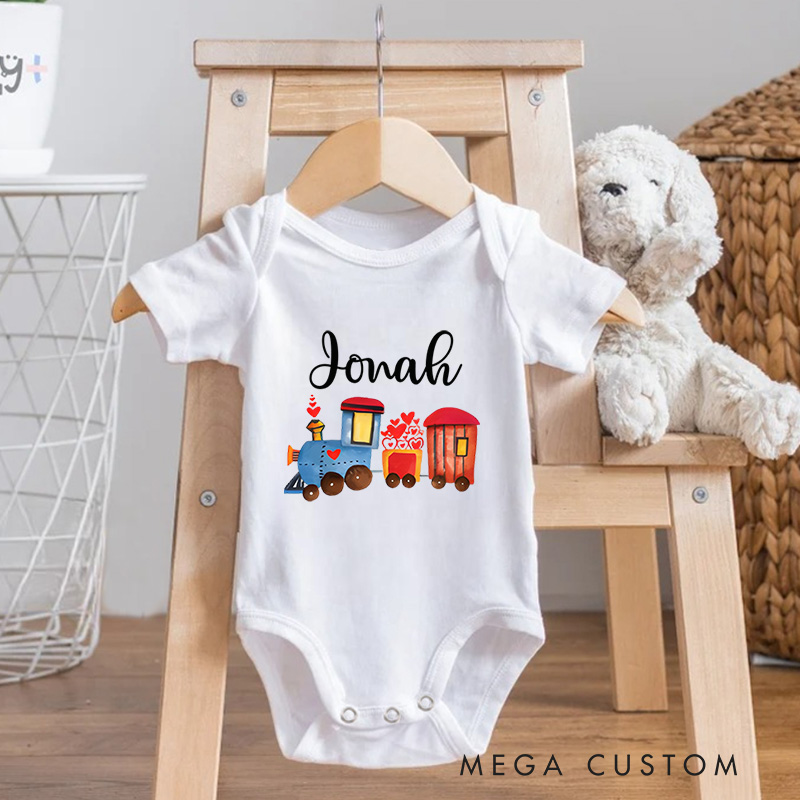Personalized Valentine's Train Design with Hearts Baby Onesie Funny Baby Gift