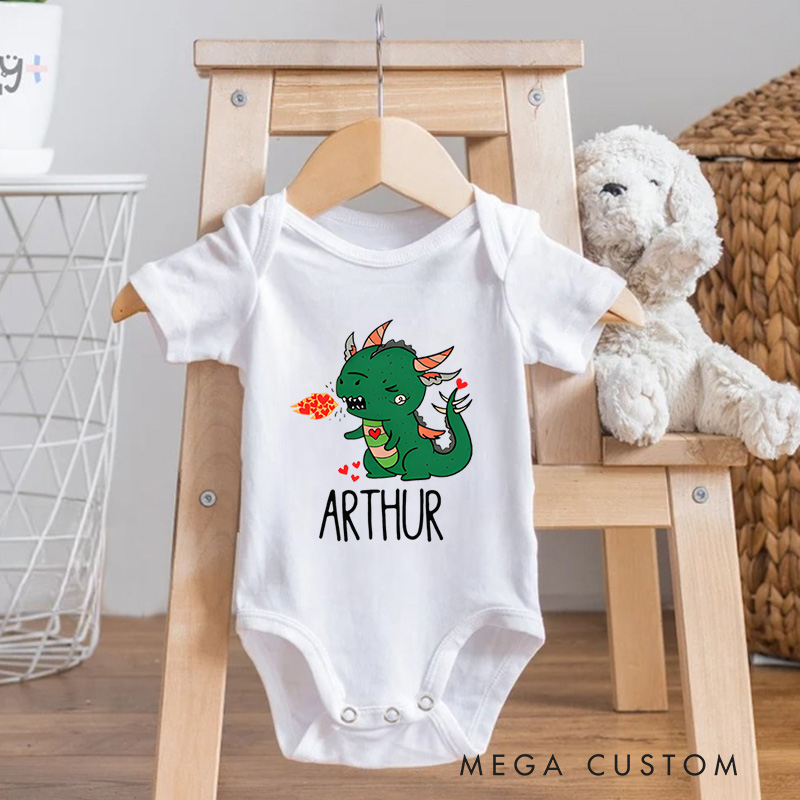 Personalized Cute Dragon Design with Hearts and Fire Baby Onesie Valentine's Day Baby Gift