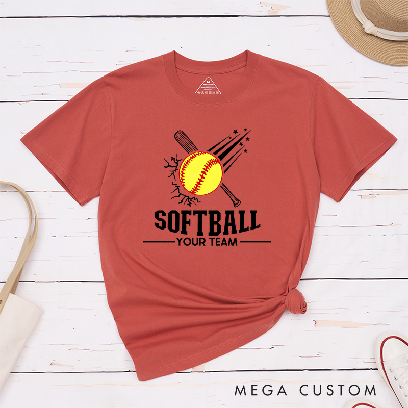 Personalized Softball Team T-Shirt Design Featuring Customizable Team Name Explosive Softball Graphic with Bat and Shooting Star Accents