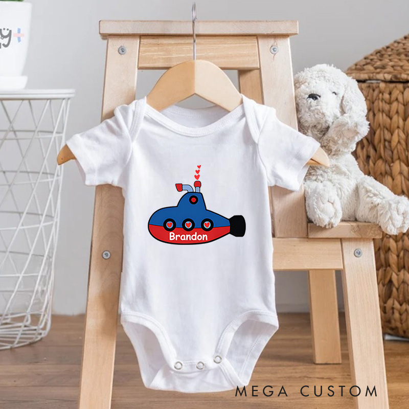Personalized Submarine with Hearts Valentine's Baby Onesie Gift for Baby and Ocean Lovers