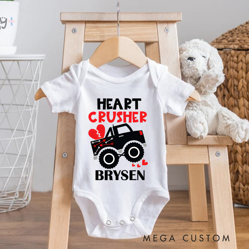 Personalized Heart Crusher Truck Valentine's Baby Onesie Gift for New Baby