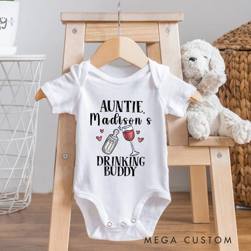 Personalized Auntie Madison Drinking Buddy Baby Onesie Gift for New Baby
