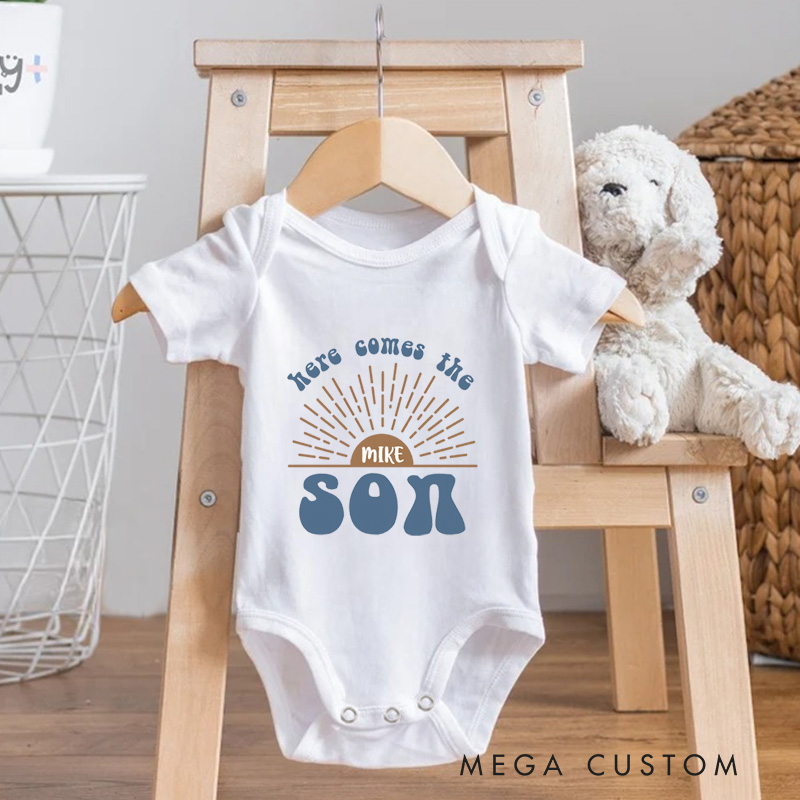 Personalized Here Comes The Son Baby Onesie Retro Announcement Gift
