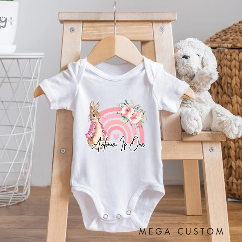 Personalized Rabbit Rainbow 1st Birthday Bodysuit Baby Onesie Funny Baby Girl Gift