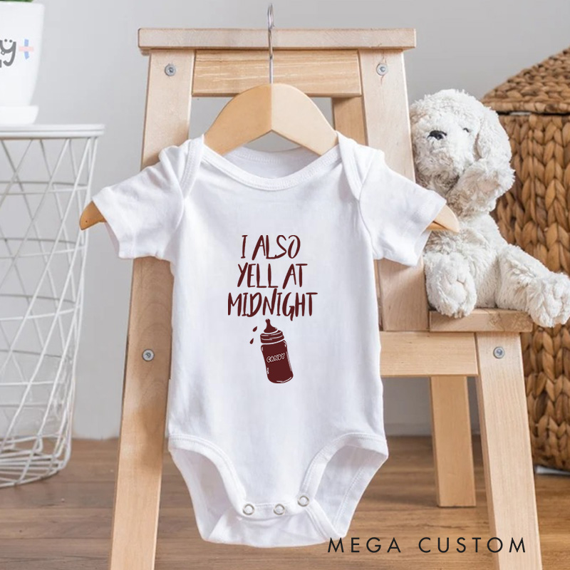 Personalized I Also Yell at Midnight Funny and Playful Baby Bottle Baby Onesie