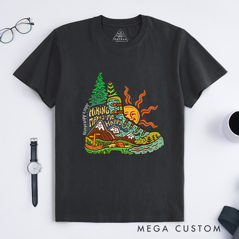 Personalized Hiking Makes Me Happy  T-Shirt Exploring Scenery Camping Adventure T-Shirt for Nature Travelers Outdoors Lover Gift